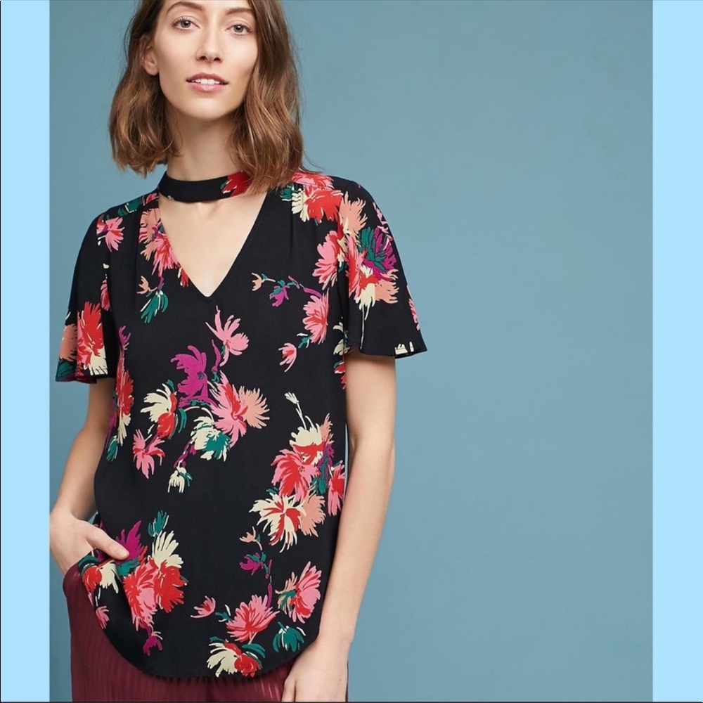 Anthropologie Maeve Black Short Flutter Sleeve Pink Floral Blouse Top Sz Lg